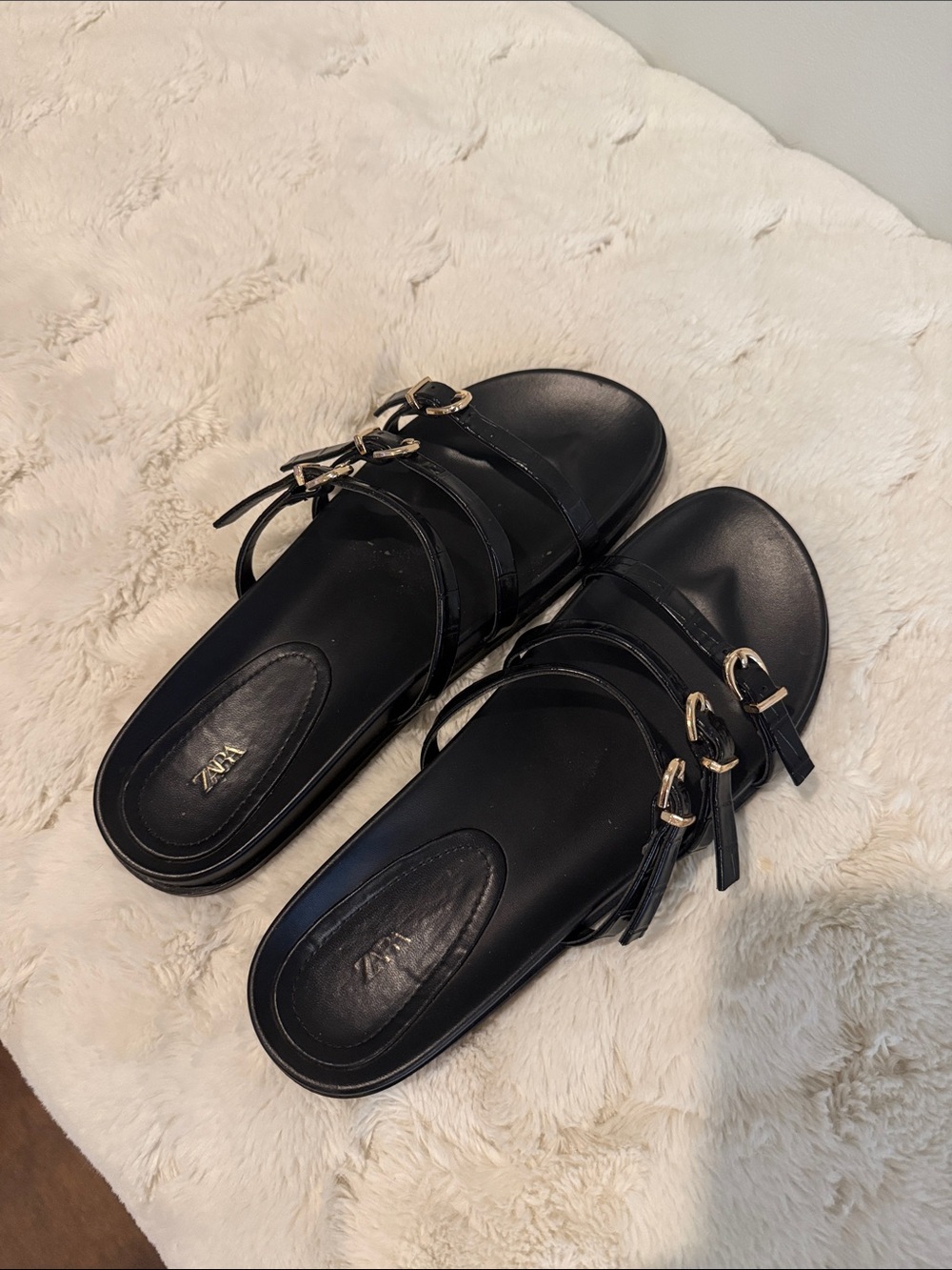 Zara Black Triple-Strap Sandals with Gold Buckles - Picture 2 of 4